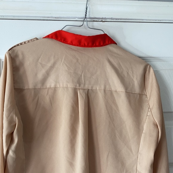 New York and company tan beige orange red button front long sleeve blouse top - Picture 10 of 17